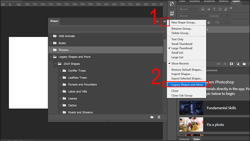 Nhấn vào menu góc phải cửa sổ > Chọn Legacy Shapes and More